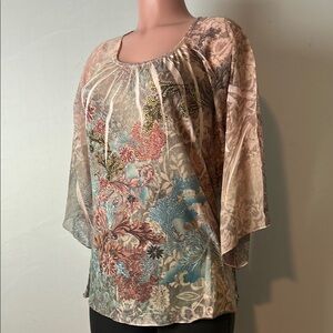 Chicos Women’s Top Shirt Tie Dye Embellished L3/4 Bell Sleeve Size 2(Large)